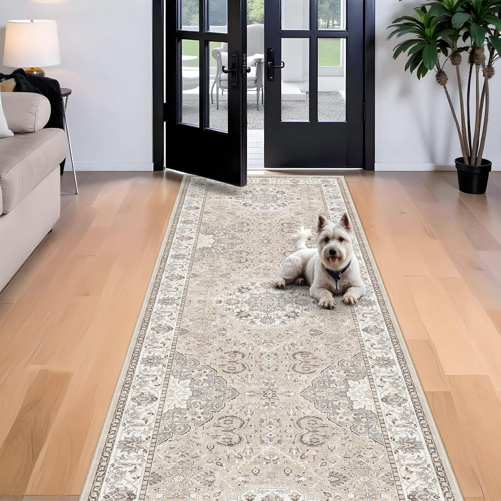 Skiennix Washable 4x12 Wide Hallway Runner - Vintage Soft Non-Slip Water Resistant Rug | Beige