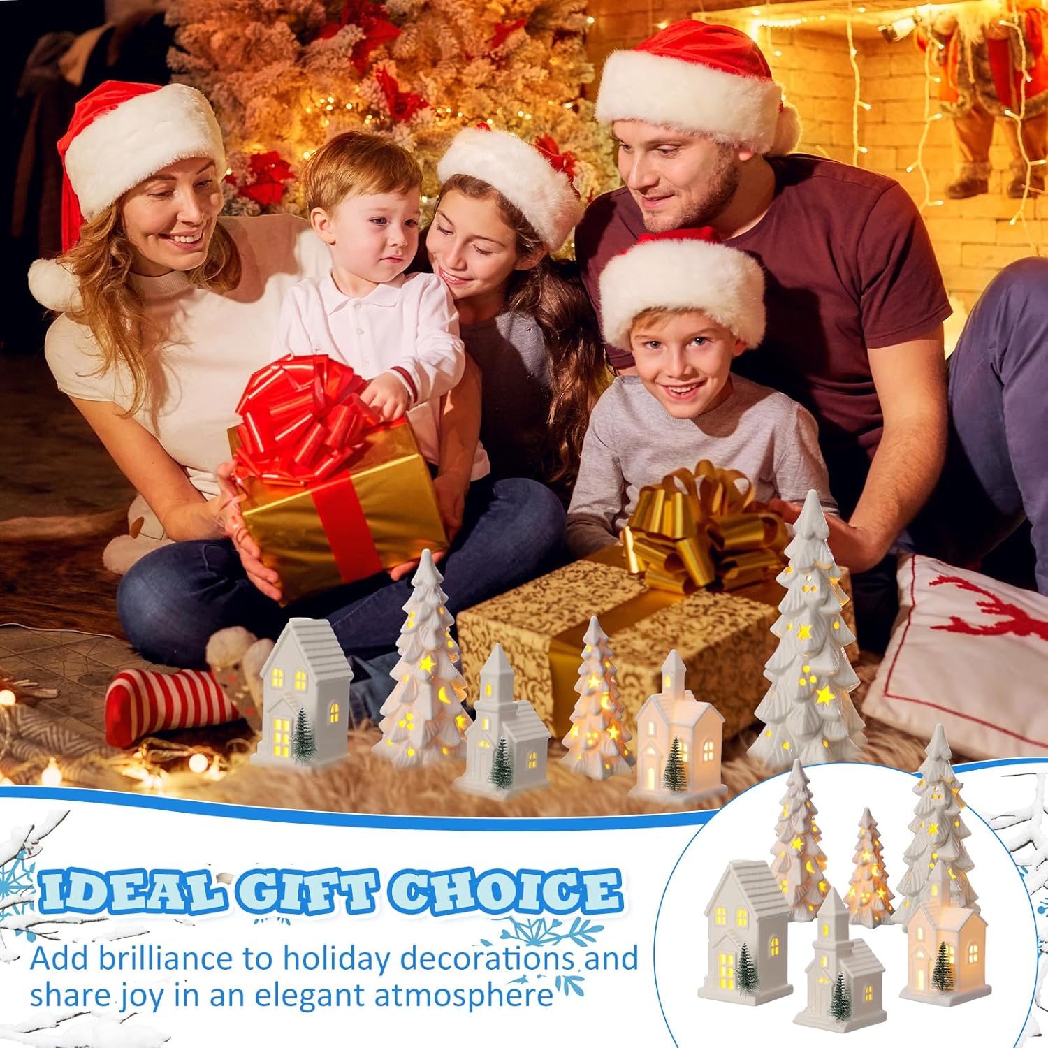 Nuogo Light Up Ceramic Christmas Trees Set - 6 Pcs White LED Trees & Glitter Snow Village Houses for Holiday Decor