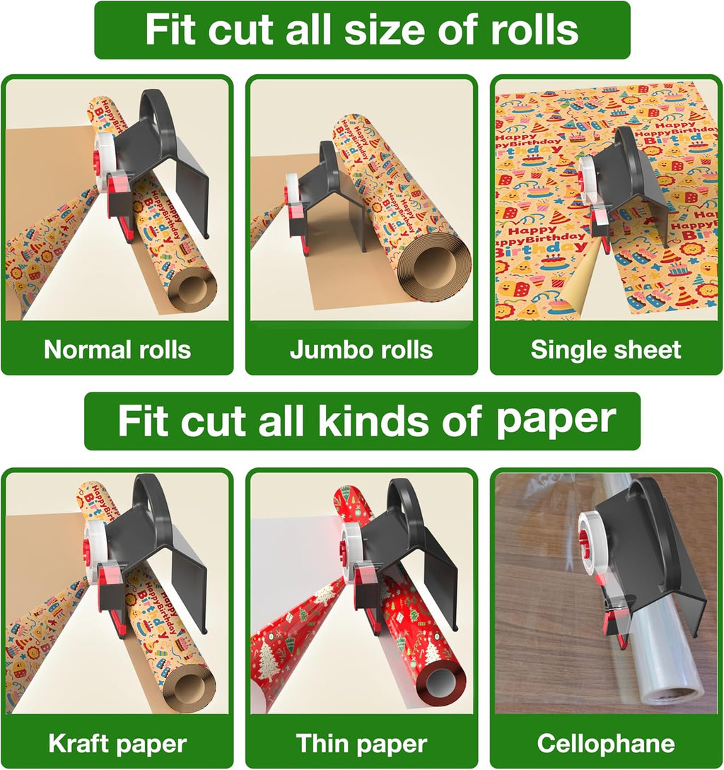 Wraprocut Wrapping Paper Cutter & Tape Dispenser - 2-Pack with 4 Tapes & 2 Replacement Blades for Easy Holiday Gift Wrapping