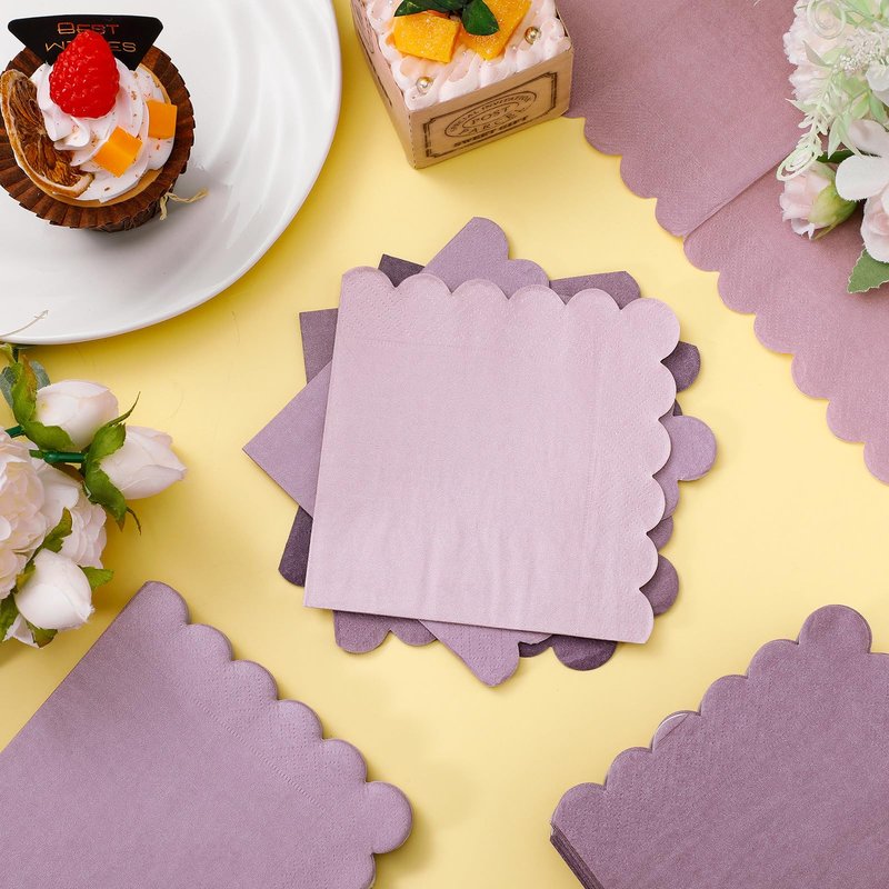 Zhanmai 100 Pack Cocktail Napkins 5 x 5 Inch Scalloped Napkins Beverage Gradient Color Paper with Scalloped Edges Thick Disposable Luncheon for Party Supplies (Purple)