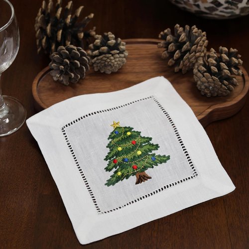 Lauusiusi 100% Linen White Cocktail Napkins Hemstitched with Embroidered Christmas Tree Set of 6 Cloth Beverage Napkin 6"x6" Coasters for Christmas Decoration Dessert Gift Ideas