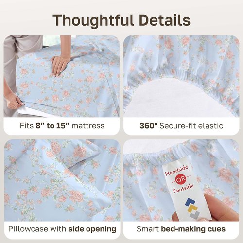 California Design Den Twin XL Bed Sheets Set - 100% Cotton, 400 Thread Count, Floral Blue/Pink