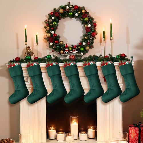 Hoosige 12 Pcs Velvet Christmas Stocking 18 Inch Bulk Rustic Soft Hanging Stockings Christmas Decoration for Xmas Holiday Family Party Tree Fireplace Classic Ornaments(Dark Green)