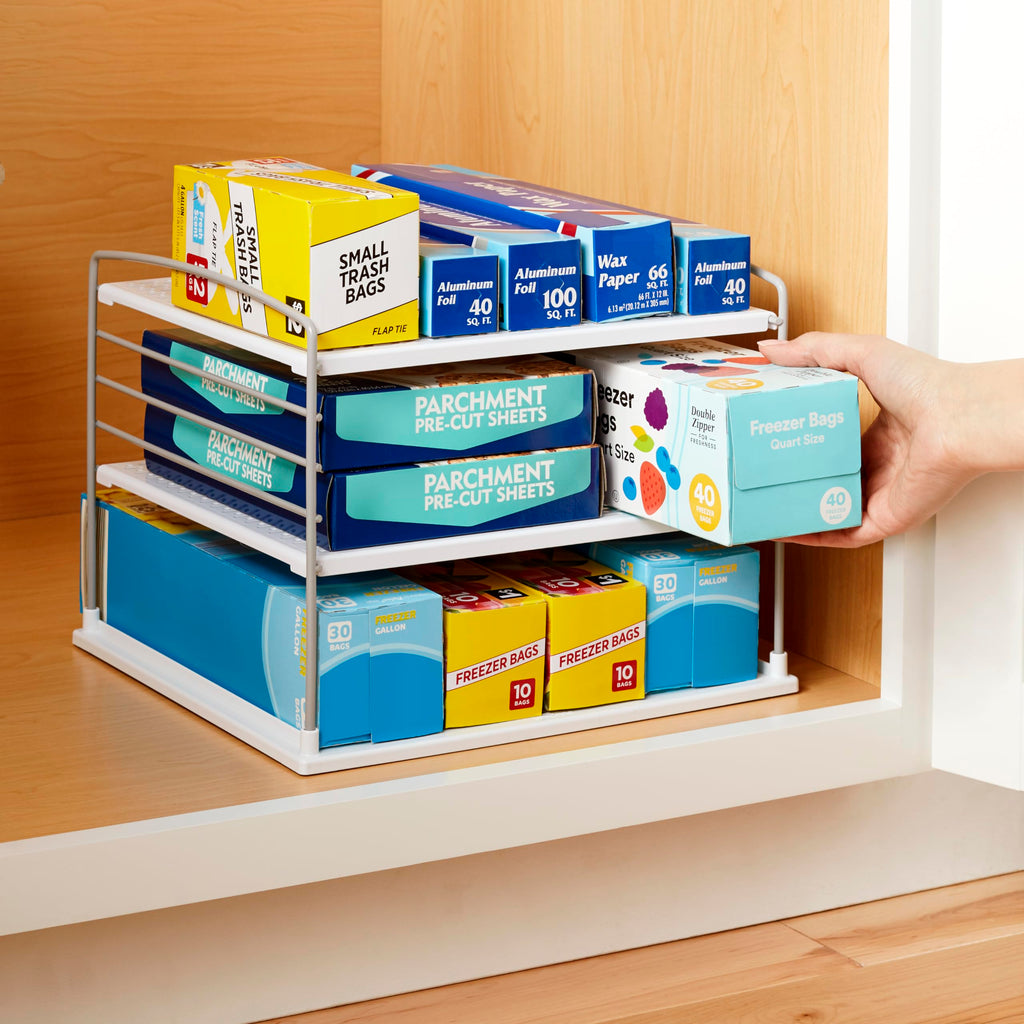 YouCopia UpSpace Cabinet Box Organizer, Adjustable Kitchen and Pantry Shelf for Plastic Wrap and Foil Storage, Large