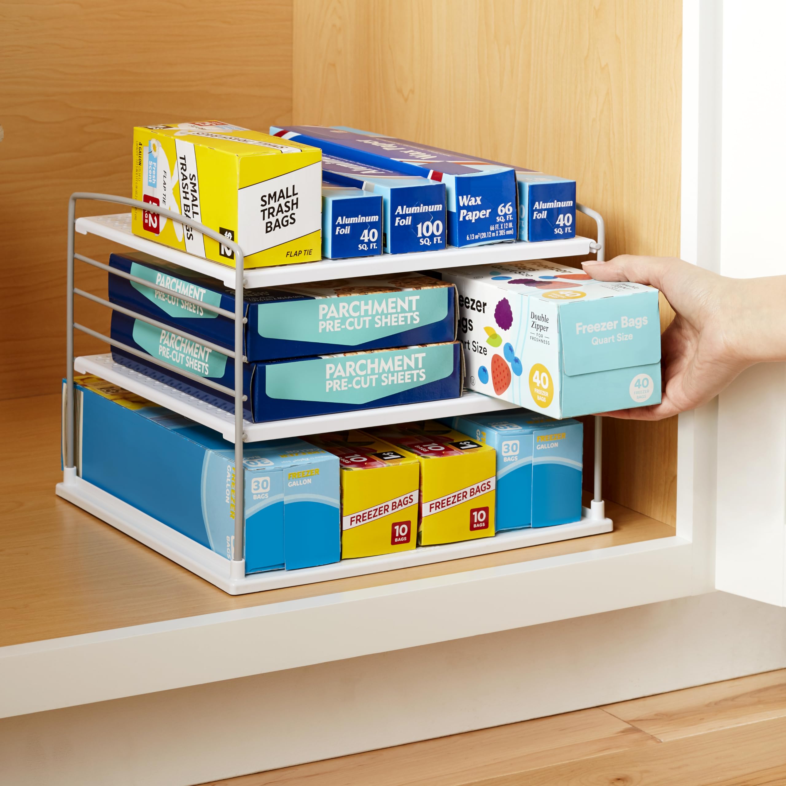 YouCopia UpSpace Cabinet Box Organizer, Adjustable Kitchen and Pantry Shelf for Plastic Wrap and Foil Storage, Large