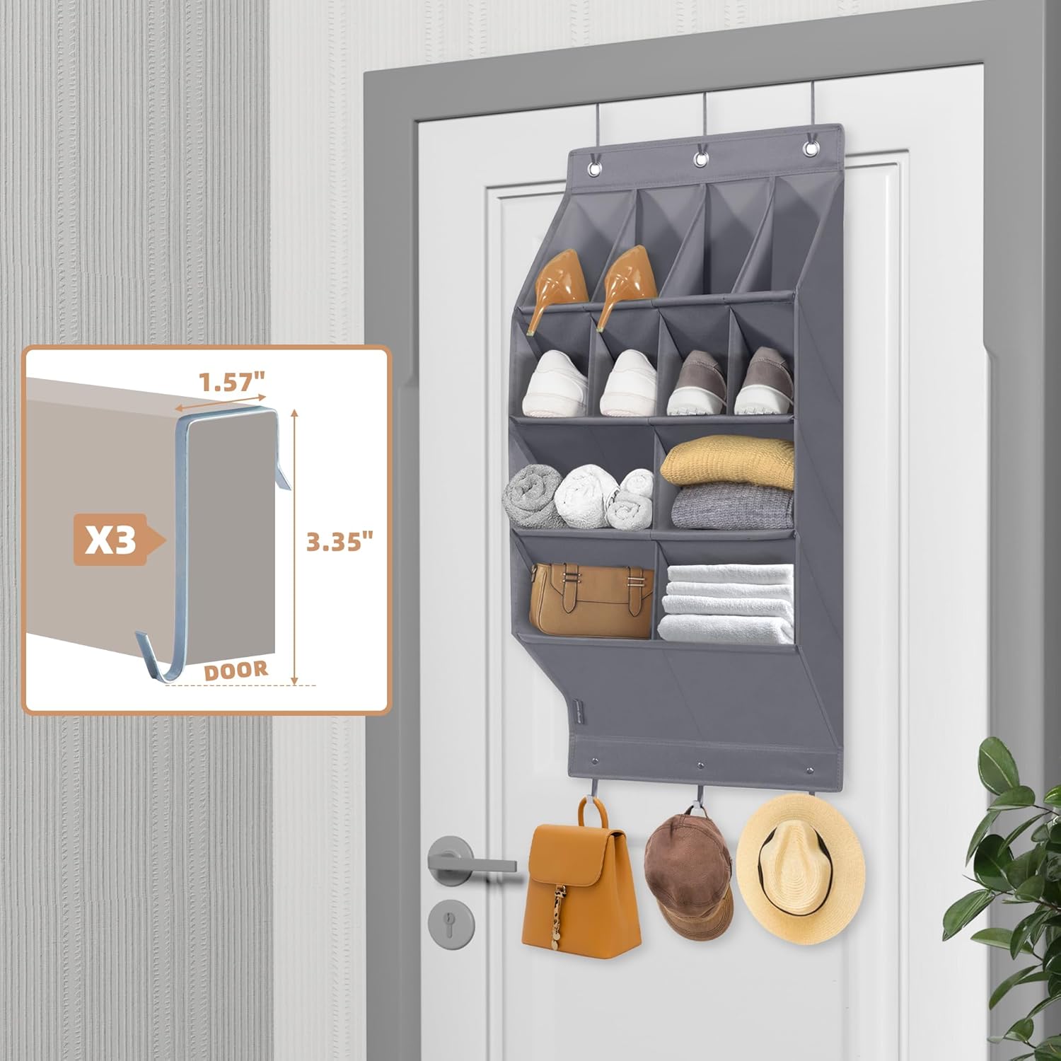 Storage Maniac Over Door Shoe Organizer - 12 Pocket Hanging Rack for Closet & Dorm | Grey