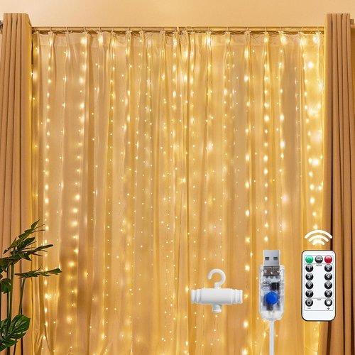 Brightown 300 LED Fairy Curtain Lights - 9.8ft x 9.8ft Warm White String Lights | USB Plug with 8 Modes for Indoor Decor