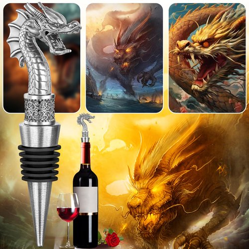 LKKCHER Dragon Head Wine Stopper and Opener - Wine and Champagne Bottle Stoppers, Dragon Fans Gifts for Men, Dad, Birthday, Father's Day, Christmas, Dark Silver