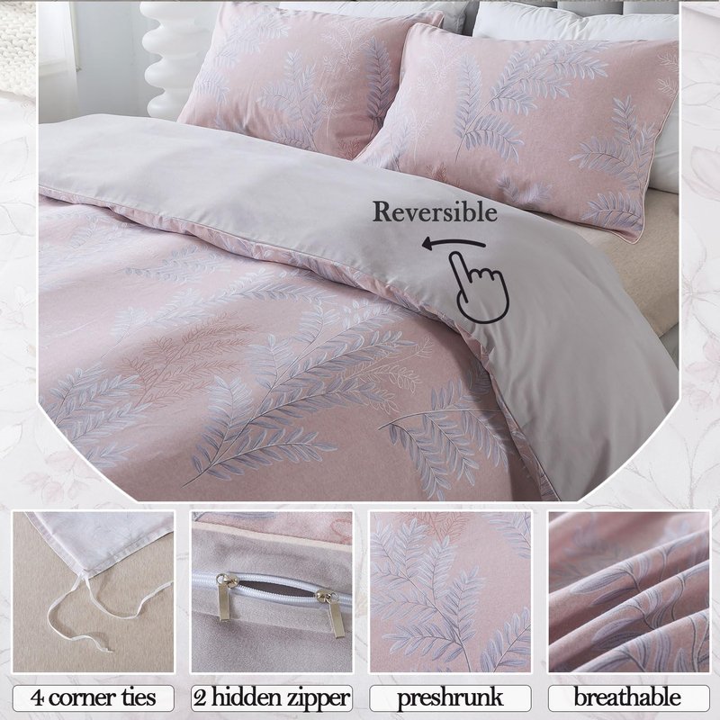 FADFAY Duvet Cover Sets Queen 100% Brushed Cotton Vintage Foliage Patterned Pink Comforter Cover Country Bedding for All Season Soft Reversible Bed Cover with Zipper 3Pcs