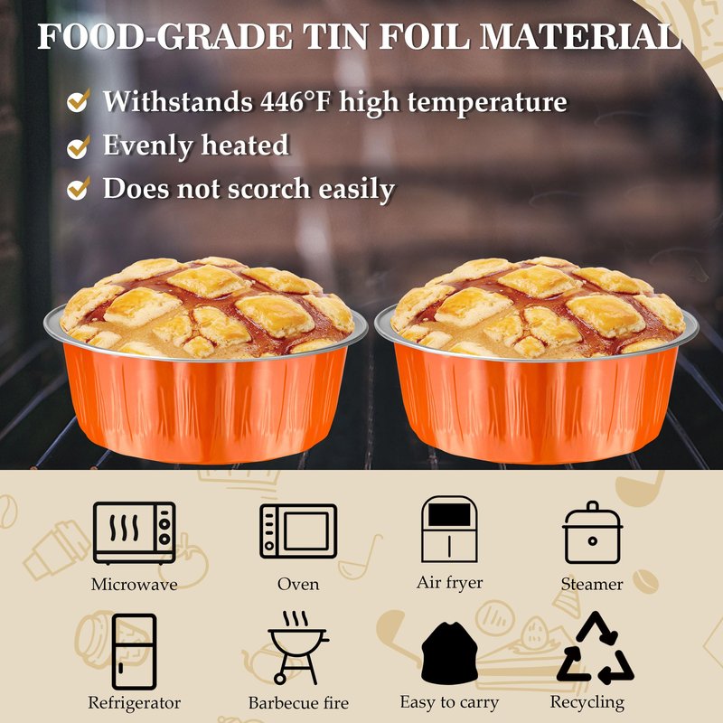 BAKINGPAK Round Baking Cups with Lids, 50PCS 8OZ Mini Aluminum Foil Pans Mini Cake Pans with Lids Cupcake Liners Muffin Pan Individual Cupcake Containers for Birthday, Orange