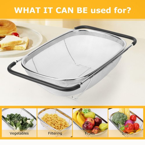 ZDRongZhen Kitchen Accessories Over the Sink Colander Strainer Basket，Stainless Steel Colander with Expandable Rubber Grip Sink Drainer-Rinse Vegetables Fruits &Strain&Drain (Large-Fine mesh)