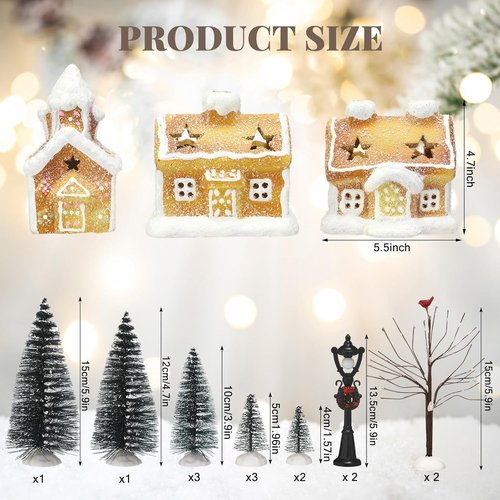 GlikCeil 17-Piece LED Christmas Gingerbread Village Set - Ceramic Houses, Birch & Pine Trees, Streetlight Decor