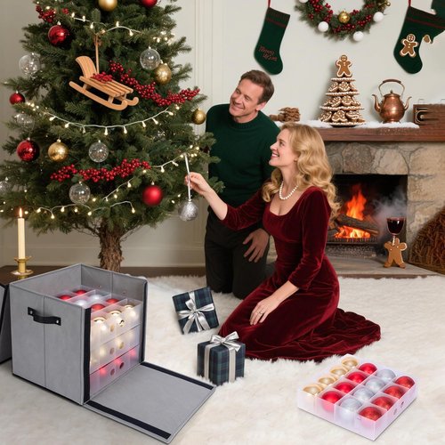 BALEINE Christmas Ornament Storage Box - Premium Container with Dividers for 64 Balls | Black Hard Case
