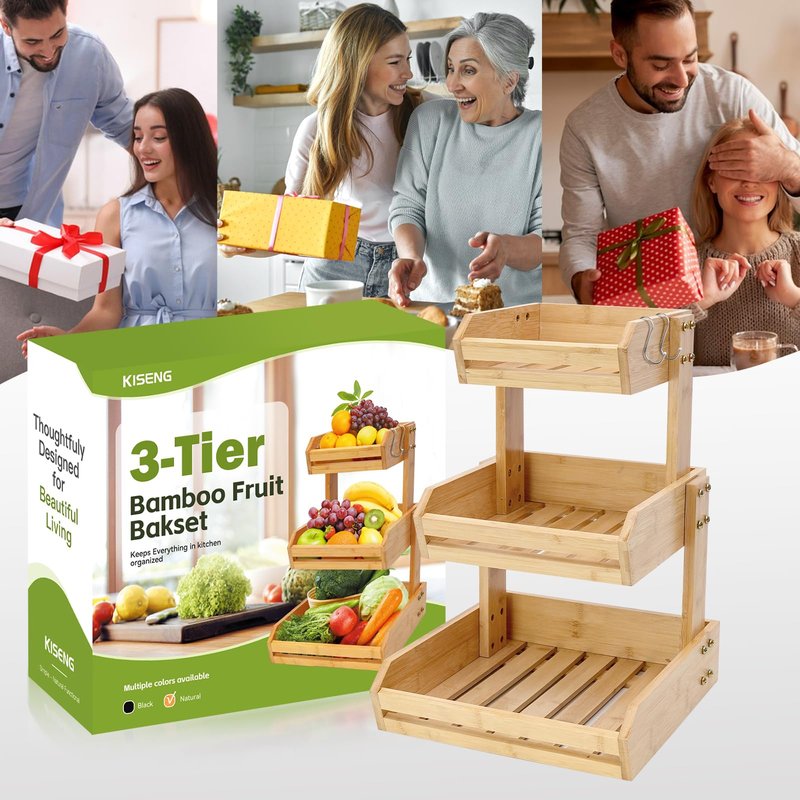 KISENG Bamboo 3 Tier Fruit Basket Stand for Kitchen Counter, Tiered Wooden Large Countertop Vegetable Fruit Holder with Banana Hook, Black