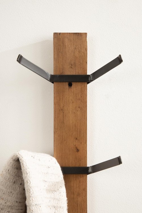 Kate and Laurel Rossmore Modern 4-Hook Vertical Wall Hanging Coat Rack; 8 x 4 x 30; Rustic Brown and Black; Decorative Modern Wood and Metal Coat Tree Hanging Hooks for Wall-Mounted Storage