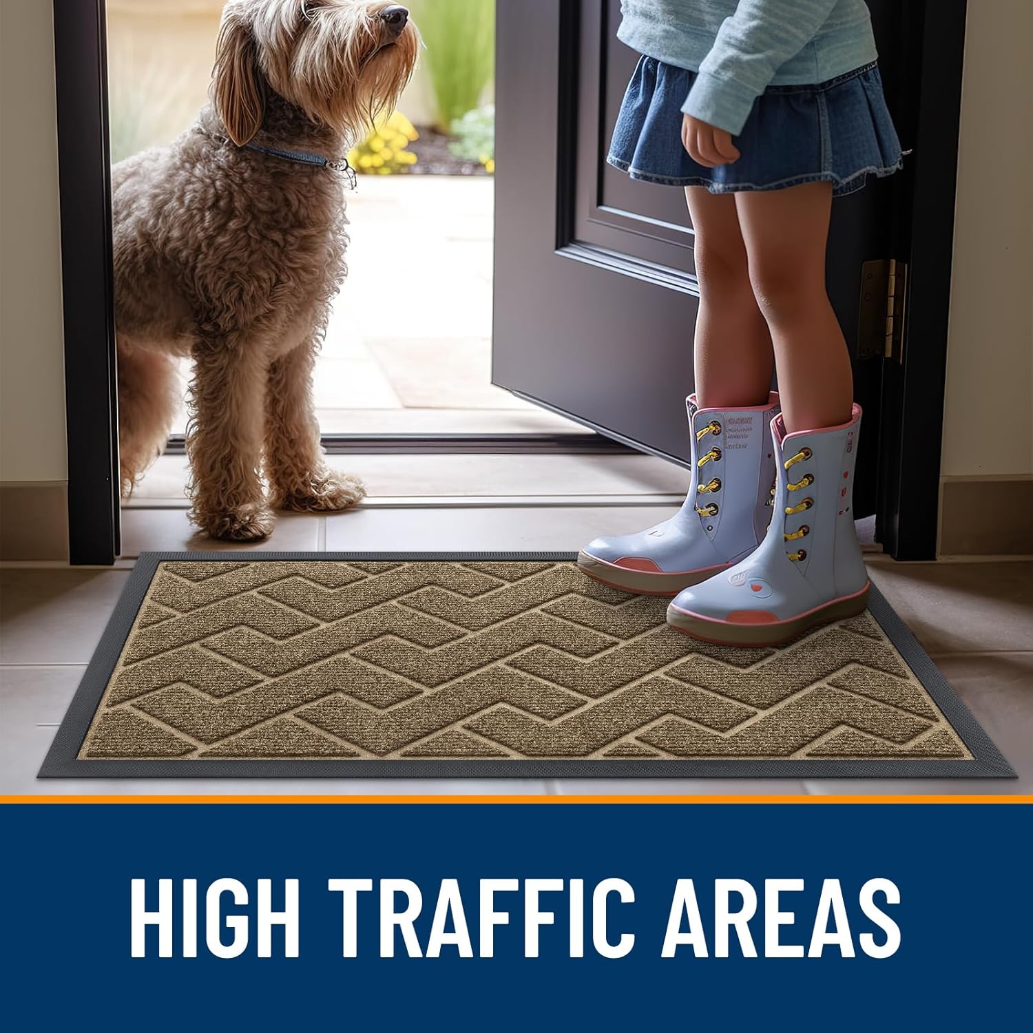 OLANLY Waterproof All-Season Front Door Mat - Sturdy Natural Rubber, Low Profile, Herringbone Brick (Brown, 71x47)