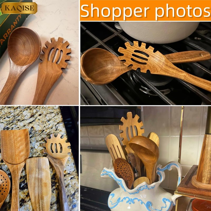 KAQISE Wooden Ladle for Soup, Pasta Spaghetti Spoon with Teeth, Teak Slotted Strainer Spoon for Serving Noodle, Wooden Pasta Fork Server Kitchen Utensils Set(2PCS)