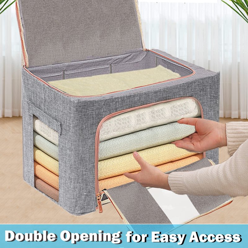 100L Large Storage Bags,Stackable Clothes Storage Bins with Hold Shape Metal Frame,Foldable Closet Organizer Containers with Zipper,Clear Window,Thick Fabric for Seasonal Clothing (Gray, 4 Pack)