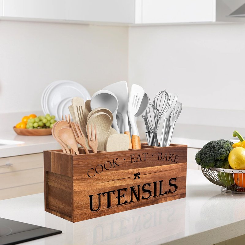 Suli Acacia Wood Utensil Holder for Kitchen Counter,Extra Large Utensils Holder with 4 Compartments,Caddy Organizer for Countertop, Farmhouse Kitchen Decor, Rustic Cooking Utensil