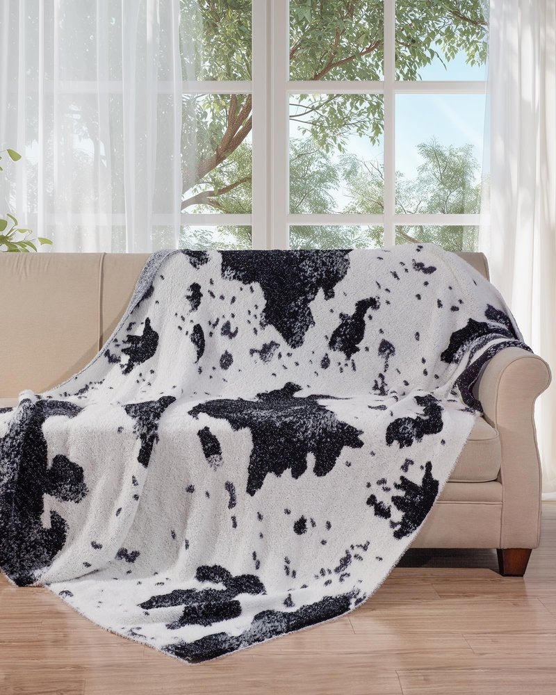 blunique Cow Throw Blanket for Couch Bed Sofa Ultra Soft Cozy Cow Pattern Animal Print Blanket, Lightweight Western Decor Plush Throw, Blanket for Women & Teen Girls 50x60 Inches Black