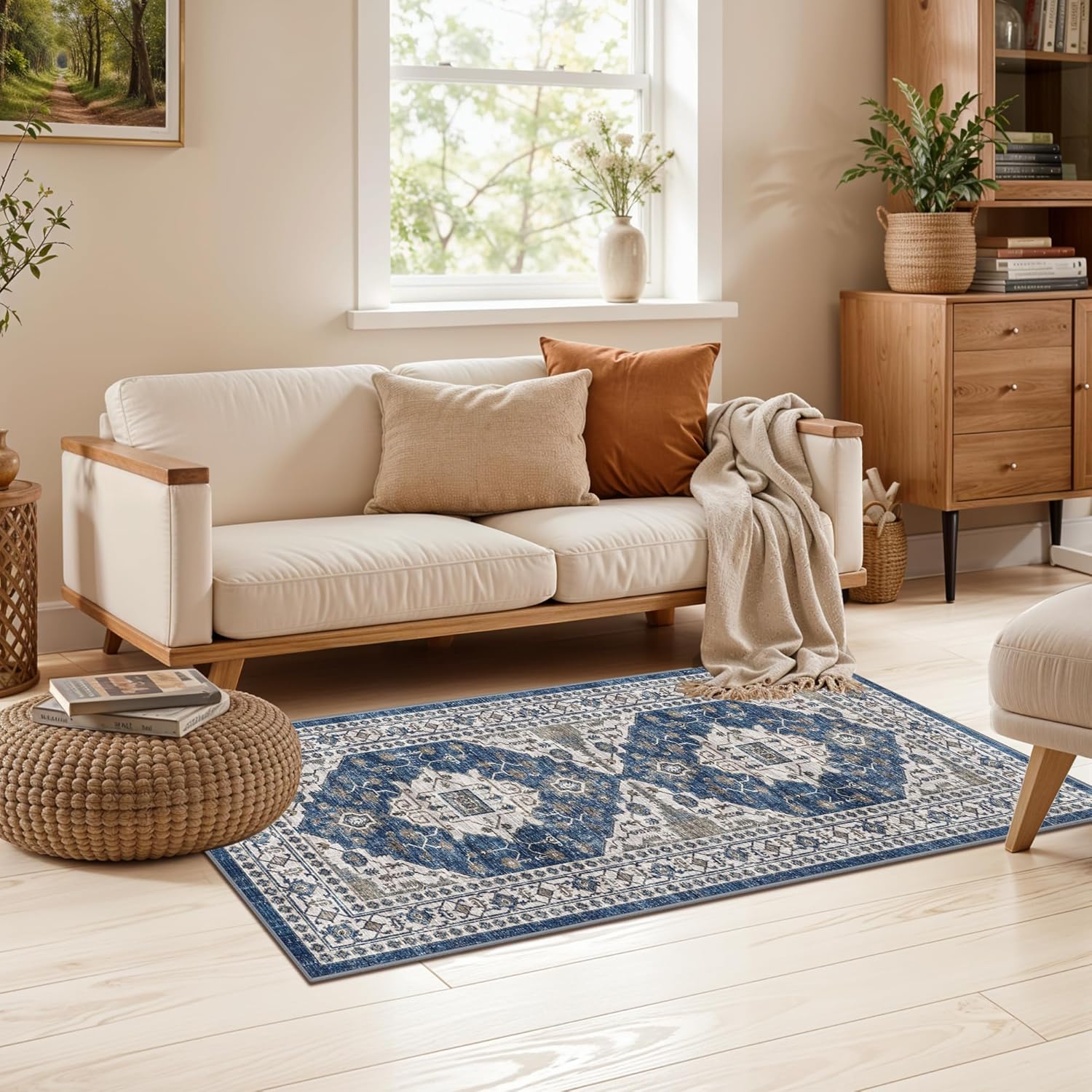 Skiennix Non-Slip Entryway Rug - Washable Stain Resistant Kitchen Doormat | Vintage Blue 2x4 Soft Carpet