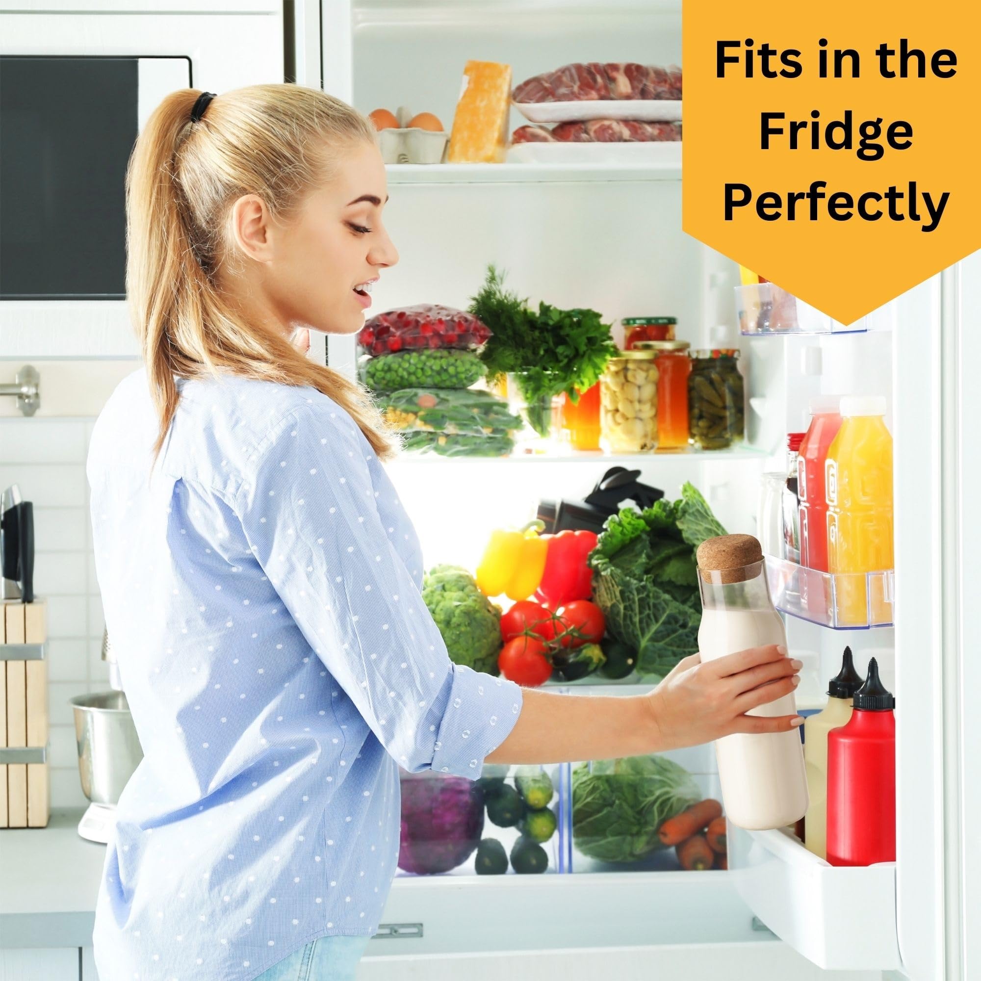 Wrenbury Fridge Glass Carafe with Stopper Set of 2 - Borosilicate Glass Milk Bottle Water Pitcher with Lid 35 oz - Laundry Powder Storage