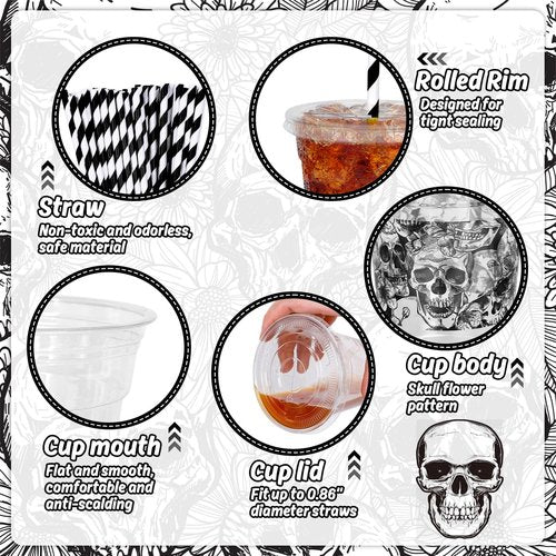 Whaline 50Pcs 12Oz Halloween Disposable Plastic Cups with Lids and Straws Black Gothic Sketch Skull Floral Cold Beverage Drinking Cups for Trick or Treat Party Supplies