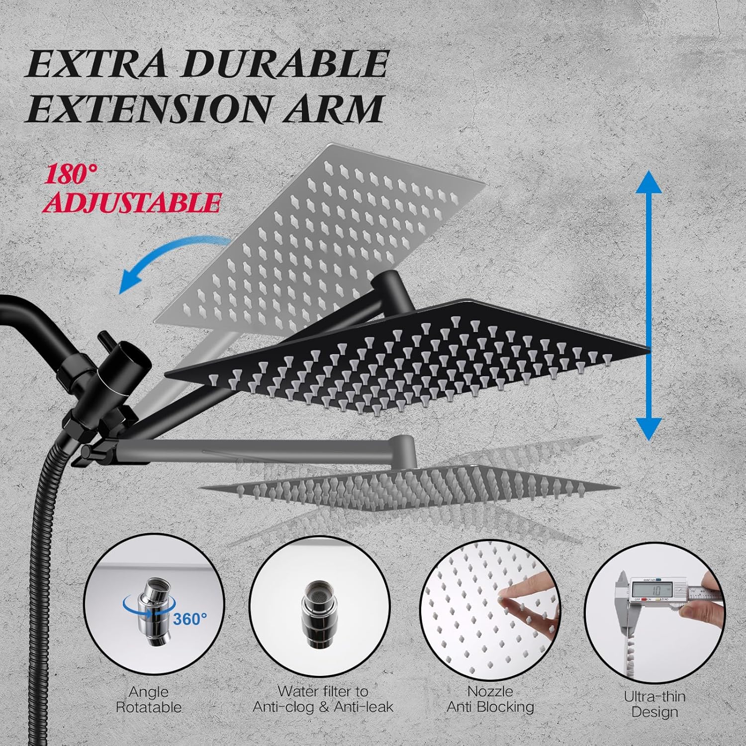 Skiennix 10” Rain Shower Head - High Pressure Handheld Spray Combo with Adjustable Arm | Matt Black