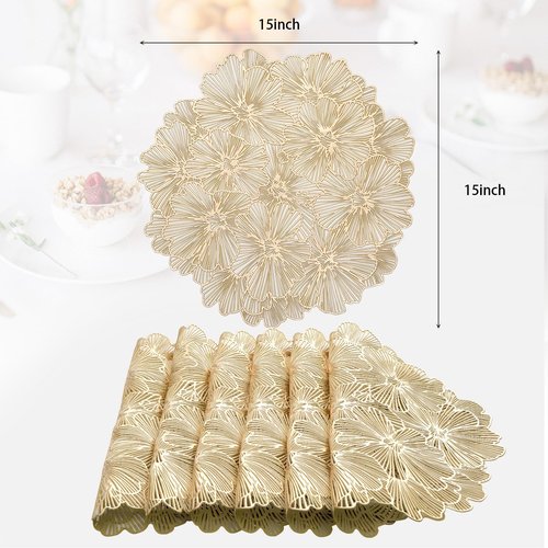 Placemats Set of 6, Gold Place Mats Hollow Out Pressed Flowers Vinyl Round Table Mats Washable for Dining Table Christmas Holiday Decorations
