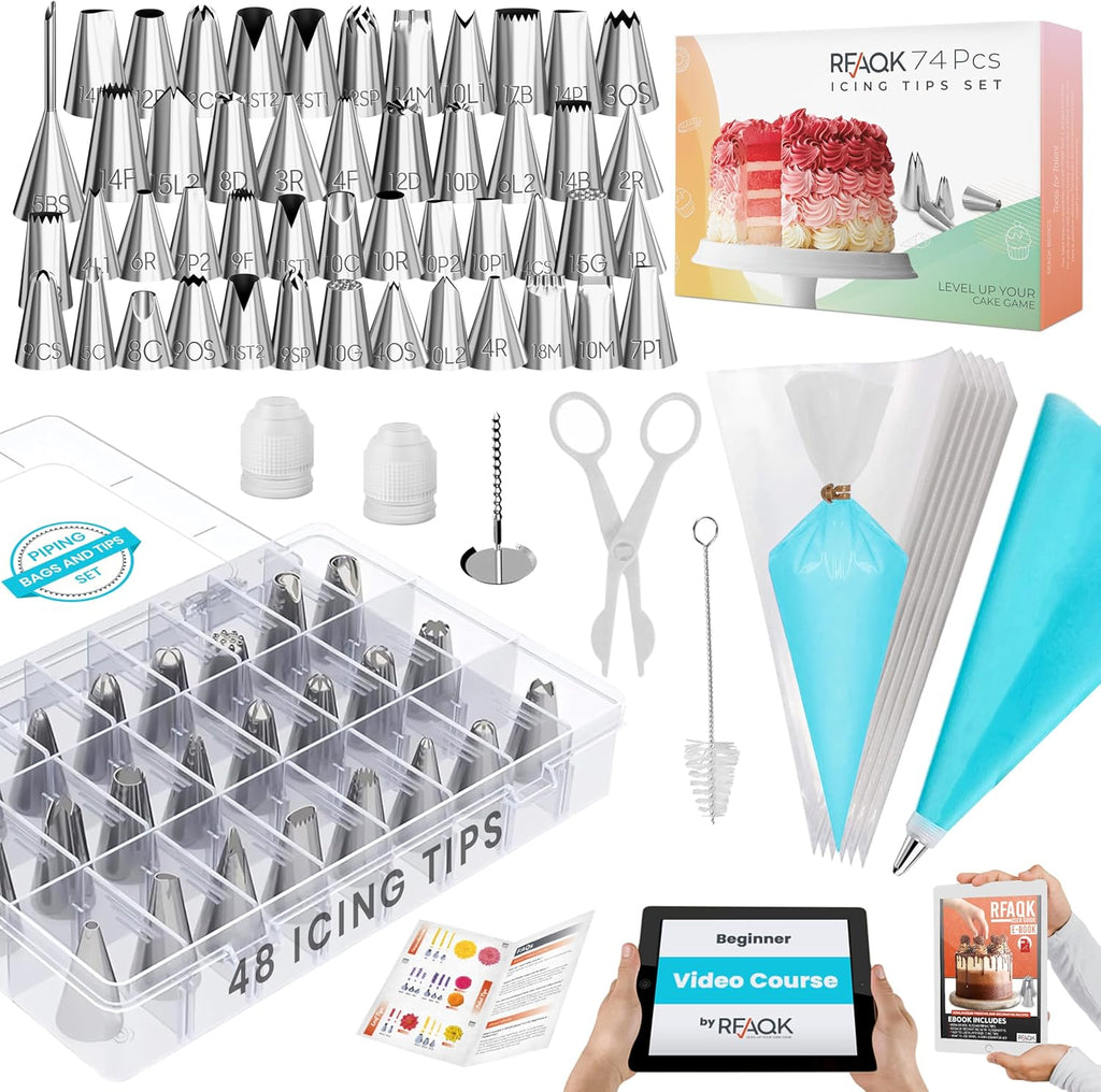 RFAQK Icing Piping Bags and Tips Set - 74-Piece Cake Decorating Kit with 48 Numbered Tips & E-Book