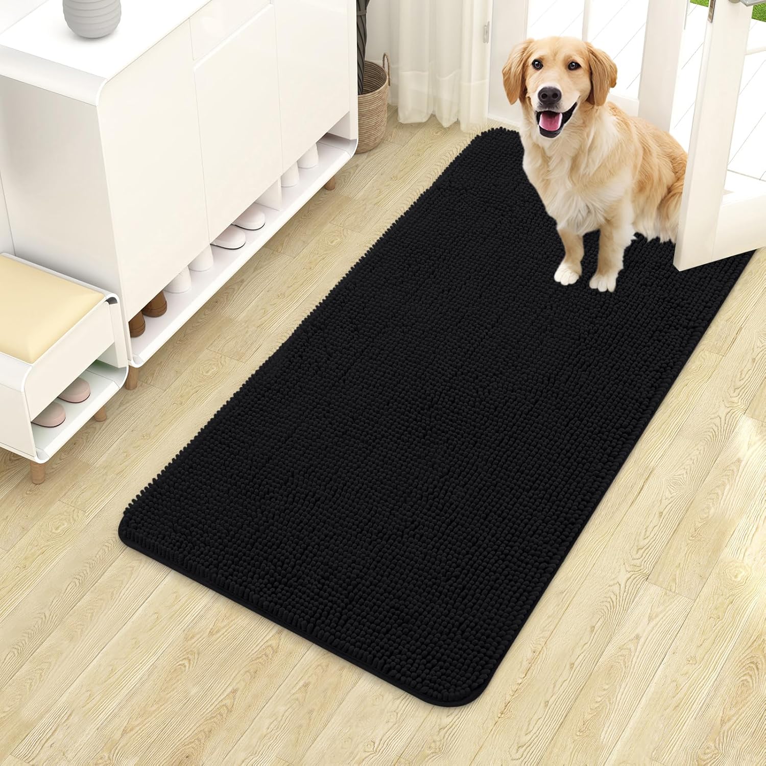 OLANLY Dog Door Mat - Absorbent Non-Slip Chenille Mat for Muddy Paws | 40x24 Black Quick Dry Doormat