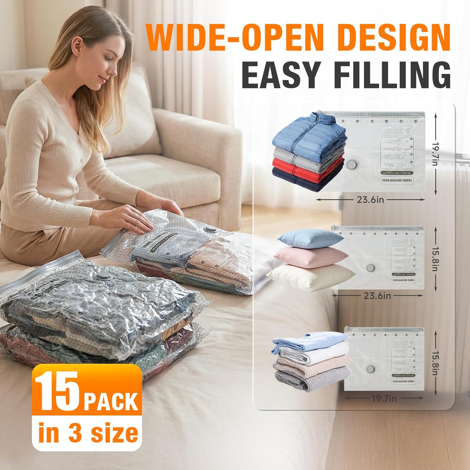 Space Saver Vacuum Storage Bags - Portable Electric Pump for Clothing & Blankets | 15 Combo Set (5L/5M/5S)