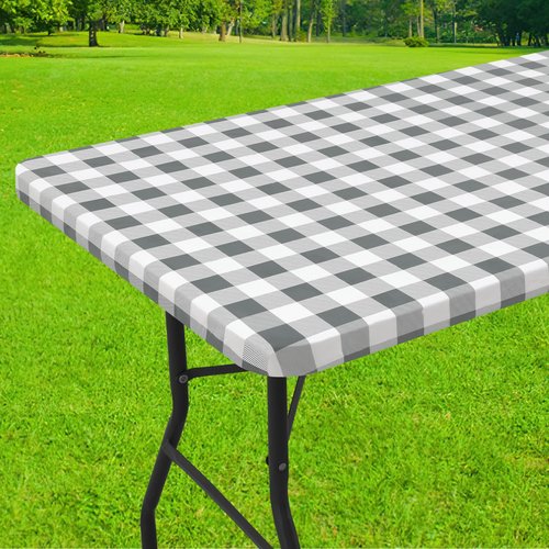 Smiry Rectangle Picnic Table Cloth, Elastic Waterproof Fitted Vinyl Tablecloths, Flannel Backed Buffalo Plaid Table Covers for Dining, Camping, Outdoor (White and Grey, 30" x 72")
