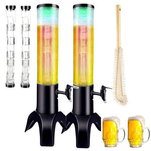 Drink Tower: 3L Mimosa Tower Dispenser with Ice Tube and LED Light, 100oz/3.17 Qt Tabletop Beer Dispense for Parties Bars Pubs Restaurants (1.5L-2PCS)