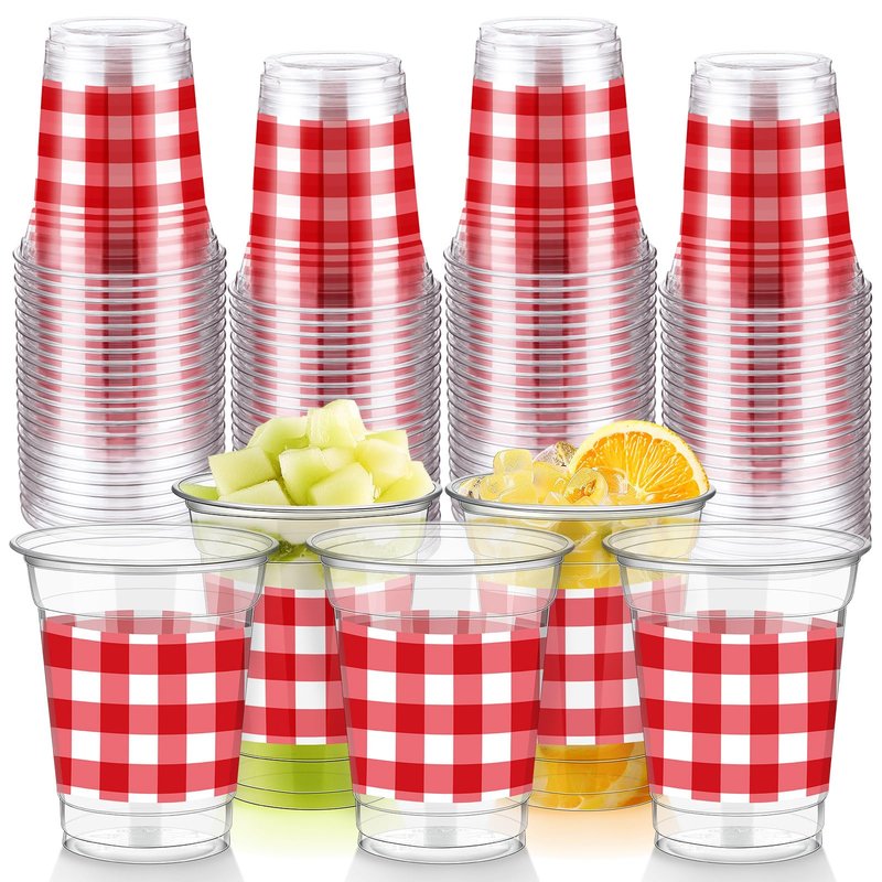Cinrobiye 50 Pcs Red and White Checkered Plastic Cups Bulk 12 oz Clear Disposable Plastic Cup Bulk Buffalo Plaid Checkered Cups for Wedding Bridal Baby Shower Home Birthday Picnic Buffet Pizza Party