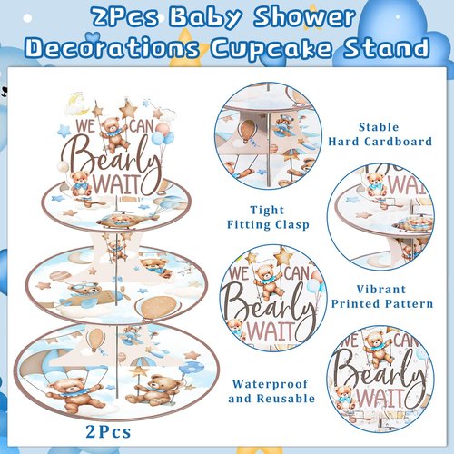 Keluna Bear Baby Shower Decoration - 2 Pcs 3 Tier We Bearly Cupcake Stand for First Birthday Party Supplies, Bearly Wait Bear Dessert Stands Favors Decorations Cupcake Holder
