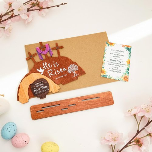 Alcarin Easter Decor - Wooden Resurrection Scene with Cross & Figurines | Christian Tabletop Decoration