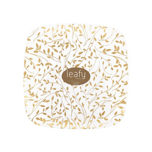 PLASTICPRO Square 32 Piece Combo Plates Set includes 16 x 7'' inch Salad Plates & 16 x 10'' inch Dinner Plates White Plastic with Gold Leaf Design Party Plates, Premium heavyweight