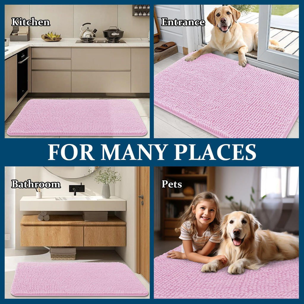 OLANLY Dog Door Mat - Absorbent Non-Slip Washable Chenille Mat for Muddy Paws | 36x24, Pink