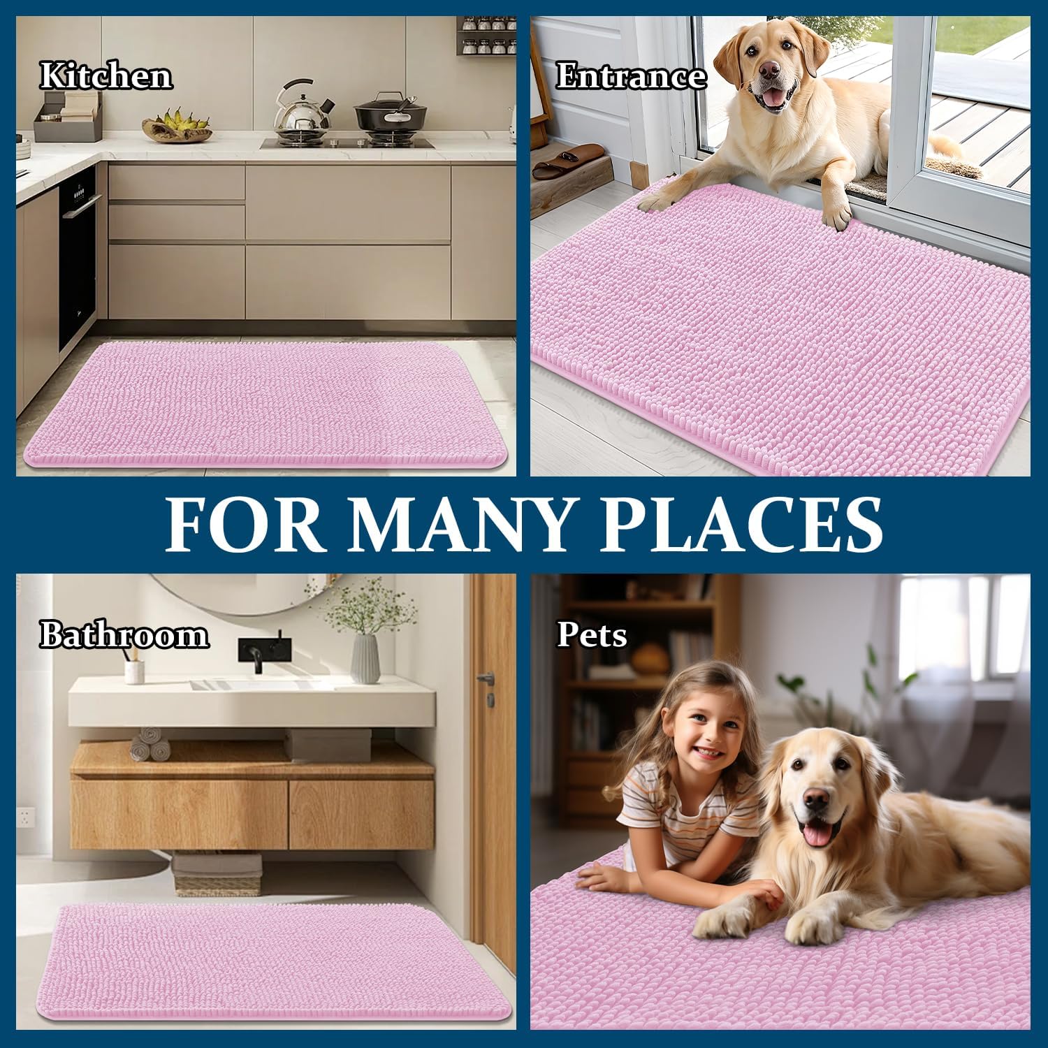 OLANLY Dog Door Mat - Absorbent Non-Slip Washable Chenille Mat for Muddy Paws | 36x24, Pink