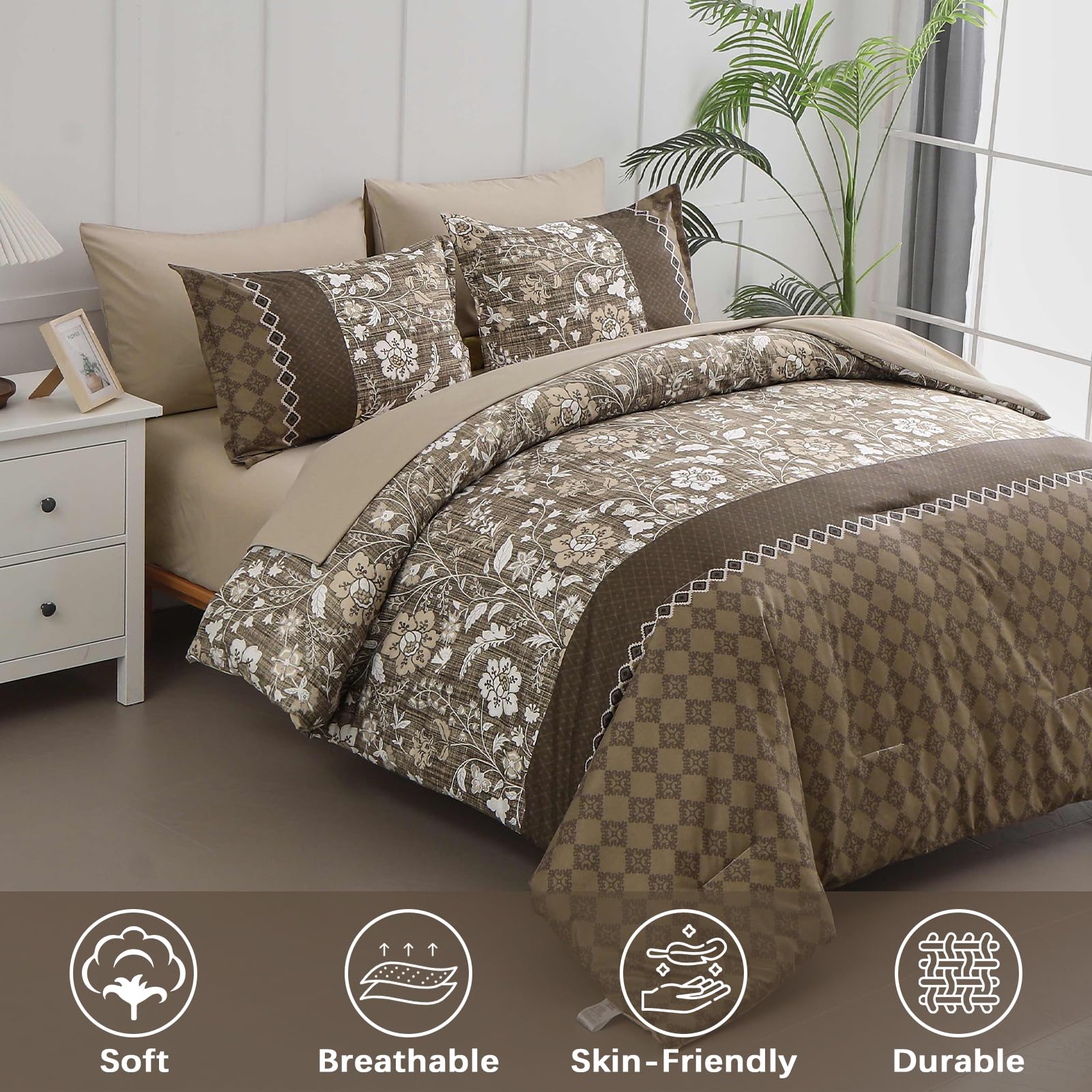 WONGS BEDDING Brown Comforter Set Queen, 7 Pieces Bed in a Bag Floral Patchwork Soft Microfiber Queen Sheet Set with Comforter, Flat Sheet, Fitted Sheet, Pillow Shams,Pillowcases