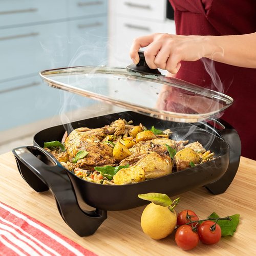 Moss & Stone Electric Skillet - 12x12 Inch Nonstick Frying Pan with Vented Glass Lid & Adjustable Temperature Control