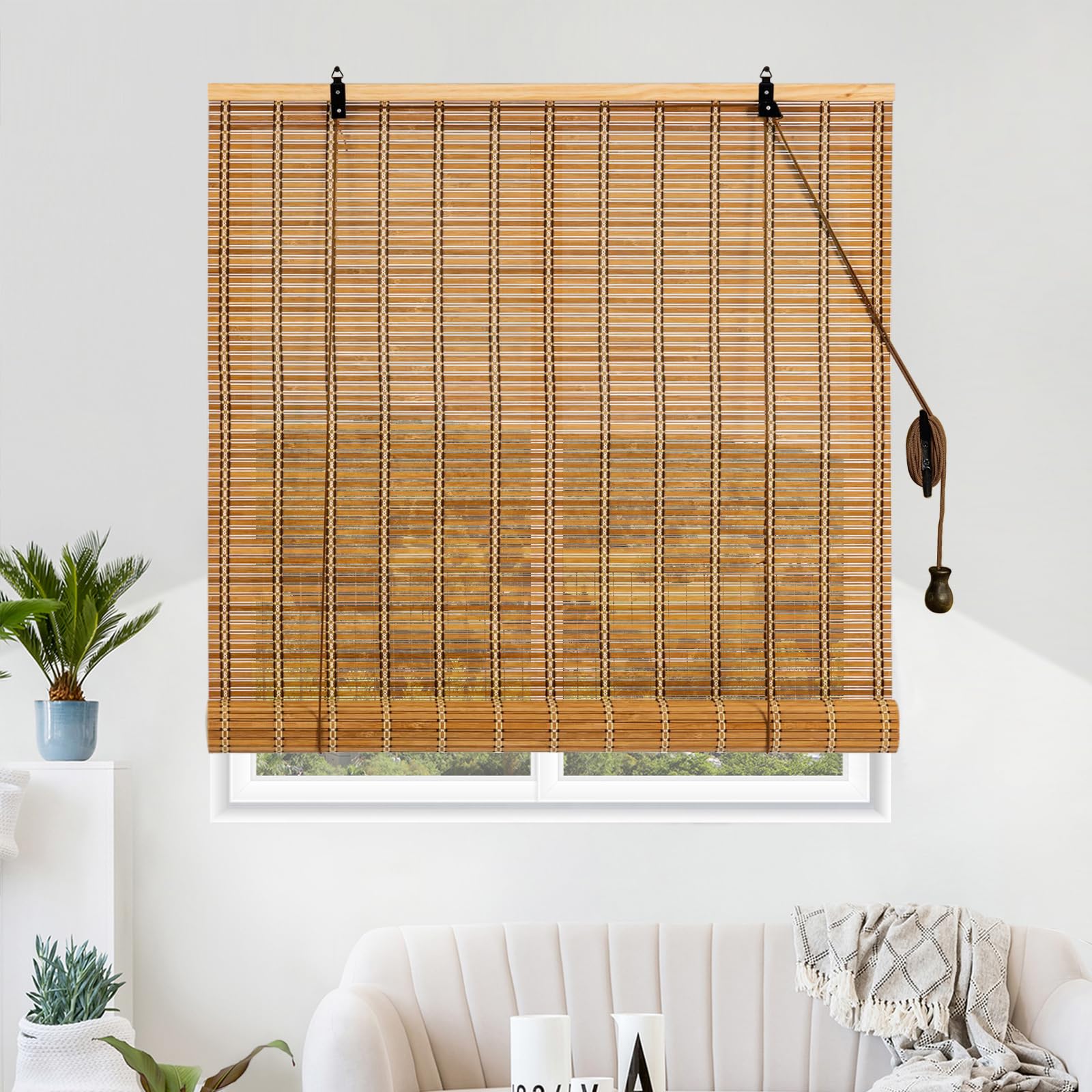 Bamboo Roller Shade, 60" W x 72" L Outdoor Blinds for Porch Privacy & Sun Protection Natural Roman Style