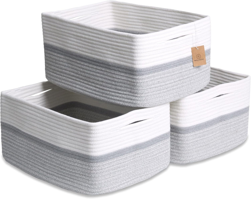 NaturalCozy Storage Baskets - 3-Pack Cotton Rope Organizing Bins | 16.8”x13”x7.6” for Toys, Laundry, and More