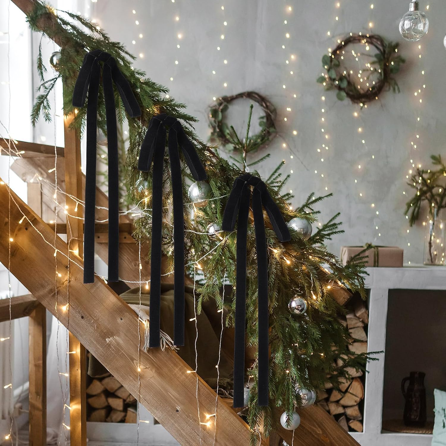Skiennix 24 Pcs Velvet Bows - Vintage Ribbon Bows for Christmas Tree & Crafts | Black, 9 x 13 Inch