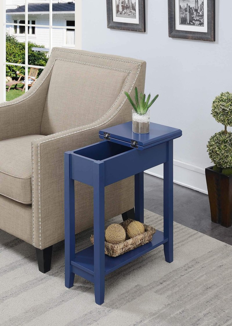 Convenience Concepts American Heritage Flip Top End Table 23.25" - Classic Narrow Chairside Accent with Hidden Storage & Lower Shelf for Traditional, Modern Living Room, Cobalt Blue