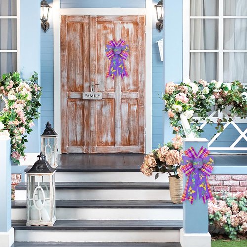 Hying Spring Flowers Wreath Bows - 2-Piece Purple & Pink Burlap Set for Front Door Decor