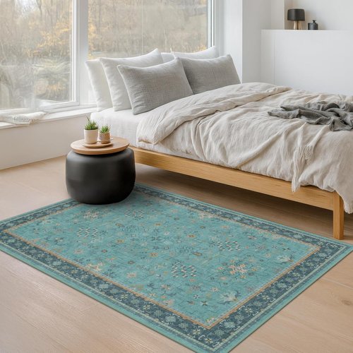 Hazo Haus Teal Non-Slip Kitchen Rug | Washable 3x6 Vintage Floral Indoor Runner