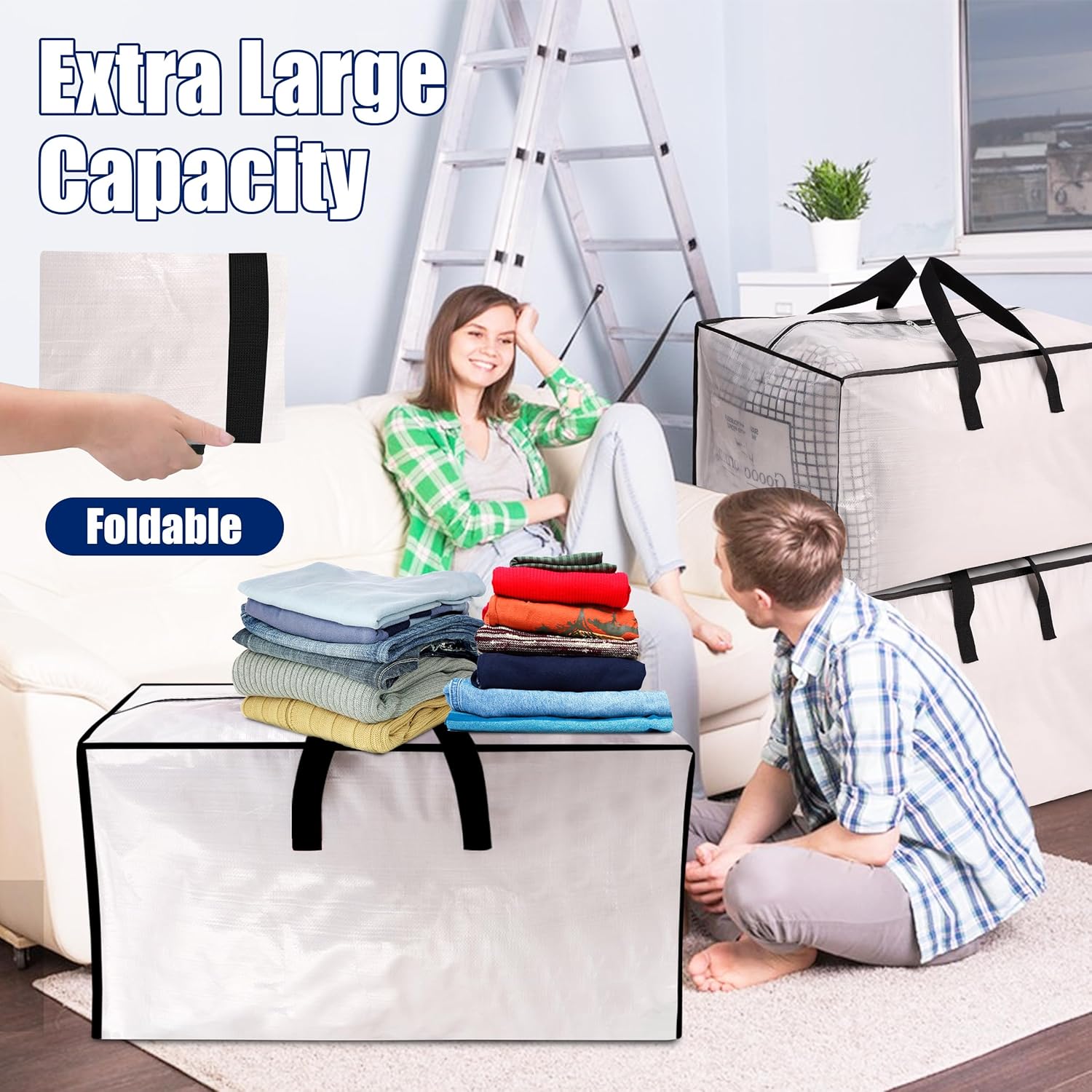 Sweet Dolphin Extra Large Moving Bags - Heavy Duty Storage Totes with Strong Zippers & Handles | 6 Pack, Fold Flat, Semi-Transparent