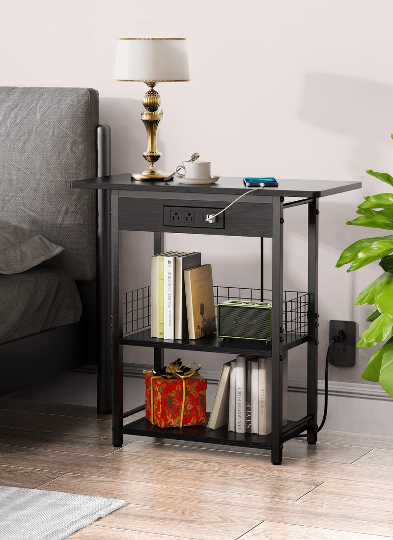 End Table with Charging Station, 25.5” Sofa Side Table with USB Ports and Outlets, Narrow Nightstand with Fabric Drawer, Slim Bedside Table with Storage for Living Room Bedroom Home Entryway, Black